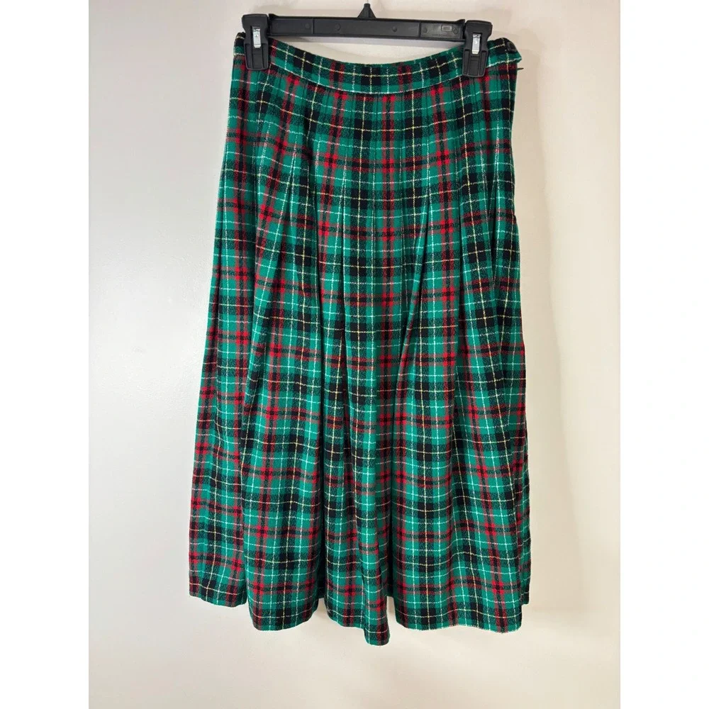 Pendleton Classic Plaid Wool Pleated Midi Skirt‎ Size 8 Green Red Black